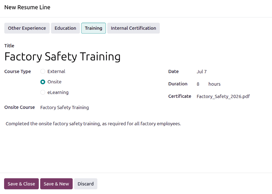 A training entry form with all the information populated.