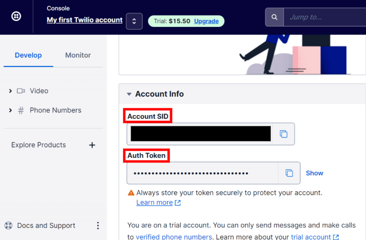 Twilio अकाउंट SID और Auth टोकन अकाउंट इन्फो सेक्शन के अंदर मिल सकते हैं।