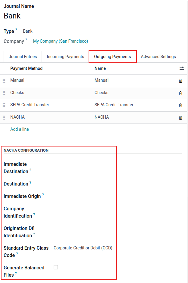 Odoo पर NACHA (National Automated Clearing House Association) कॉन्फ़िगरेशन सेटिंग।