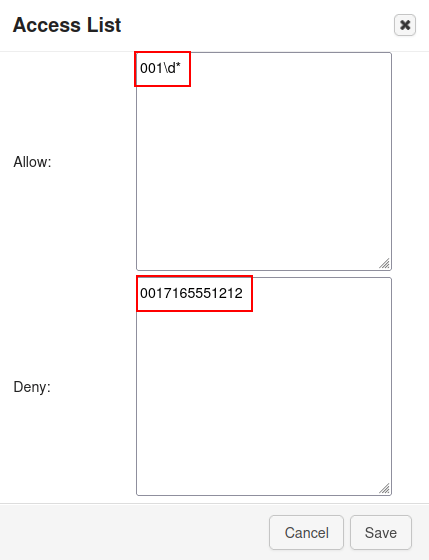 allow/denyフィールドがハイライト表示されたアクセスリスト要素の設定。
