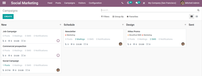 Odooソーシャルマーケティングアプリケーションのキャンペーンページの表示。