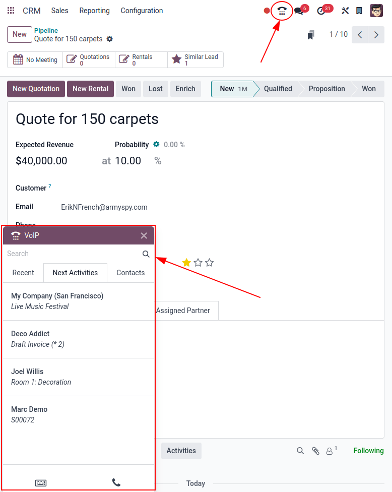 CRM リードのビューと\ *Odoo ディスカッス*\ の活動をスケジュールするオプション。