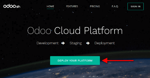 Odoo.shの「Deploy your platform」ボタン