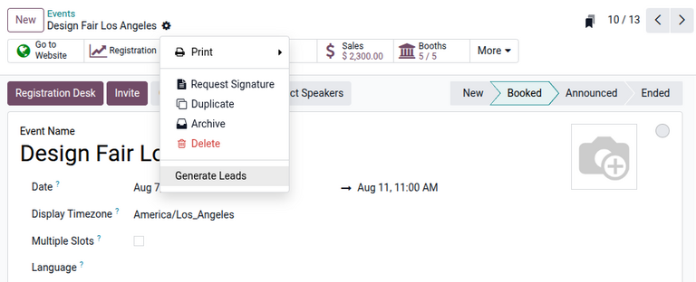 Generate Leads button on an event form in Odoo Events.