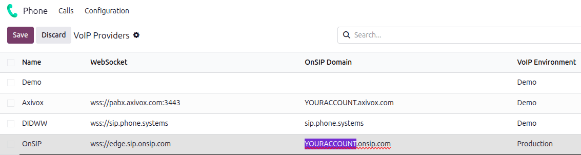 *Odoo Phone*\ アプリの\ OnSIP\ 設定。