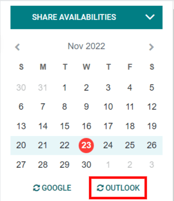 Odoo カレンダーの「Outlook」同期ボタン。