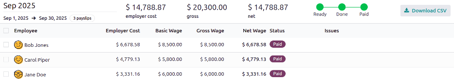 ステータスが支払済の給与明細。