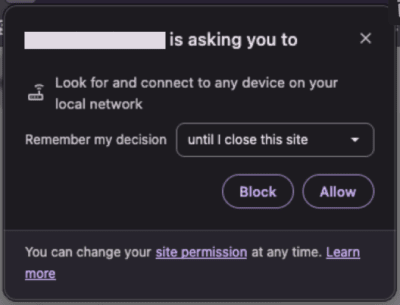 ローカルネットワークデバイスにアクセスするための許可ポップアップ