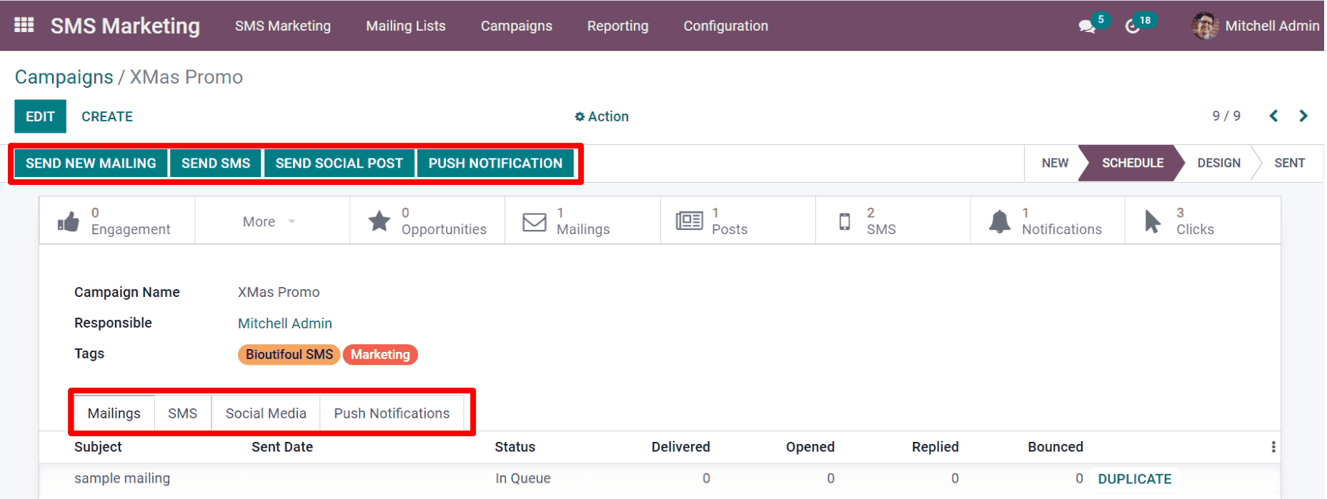 Odoo SMSマーケティングのSMSキャンペーンテンプレートの表示。