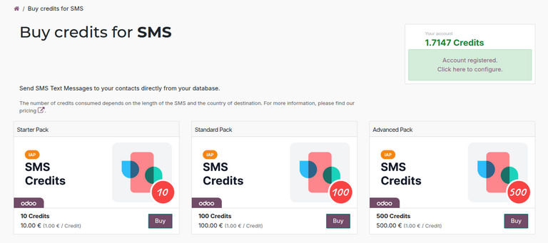 Odoo IAP ポータルの SMS クレジット購入ページ。