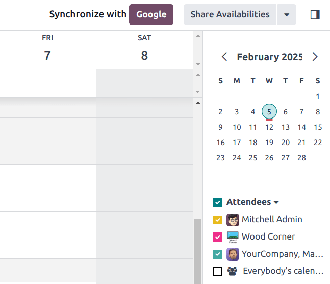 Odoo CalendarでGoogle同期ボタンをクリックして、Google CalendarをOdooと同期します。