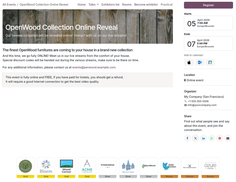 Odoo 活动中页脚的活动赞助商徽标。