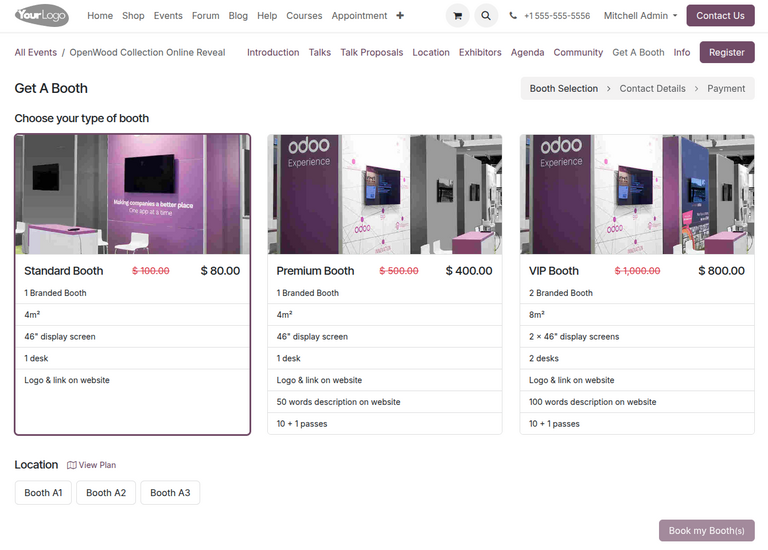 Odoo活动网站上的获取展位页面。