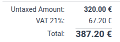Odoo 会自动计算 21% 税的税额。