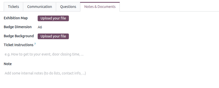 Odoo 活动应用程序中活动表单上的典型备注选项卡。