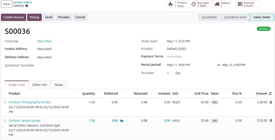 Odoo 租赁应用程序中提供的已填写租赁订单示例。